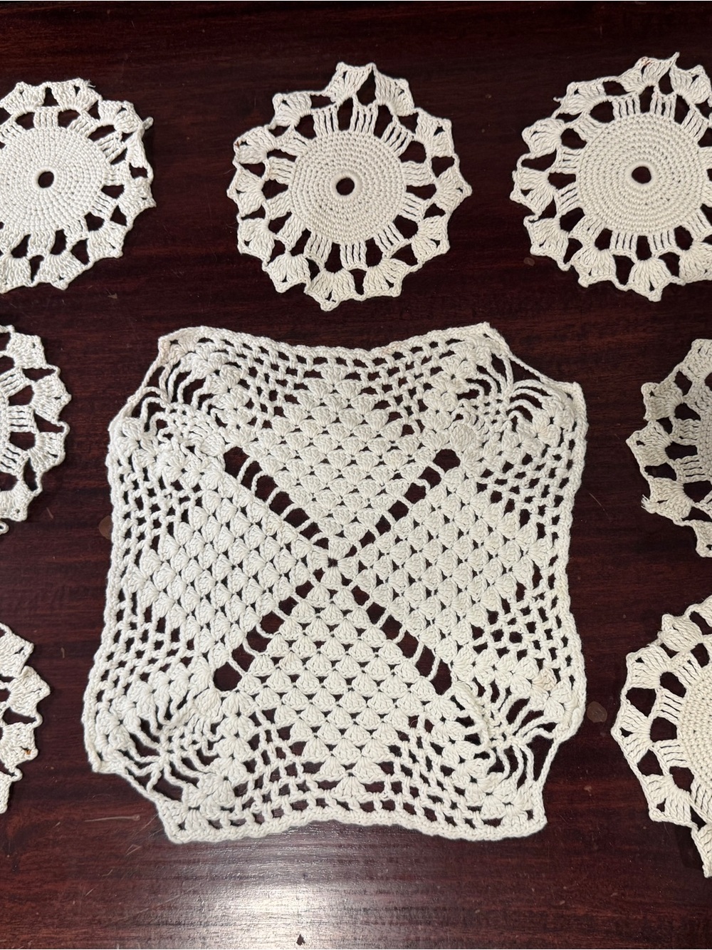 Vintage Crocheted Coasters and, Square Doily.